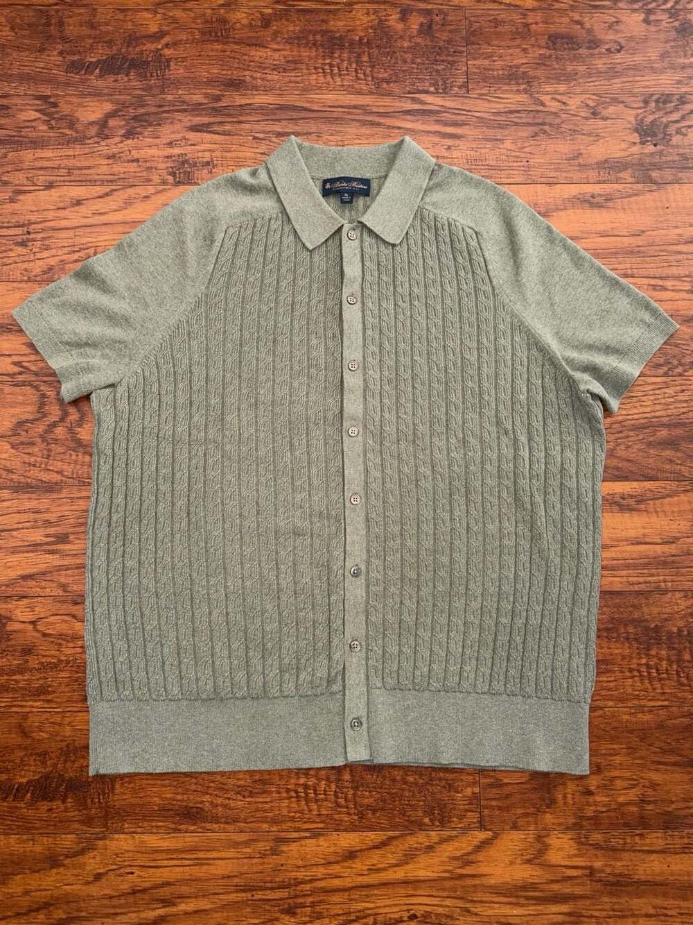 Brooks Brothers Sage Green Cable Knit Short Sleeve Button-Front Polo Shirt Size